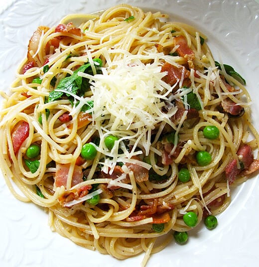 Spaghetti with Bacon, Thai Chilies and Peas