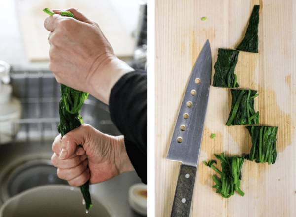 draining cooked spinach and cutting it