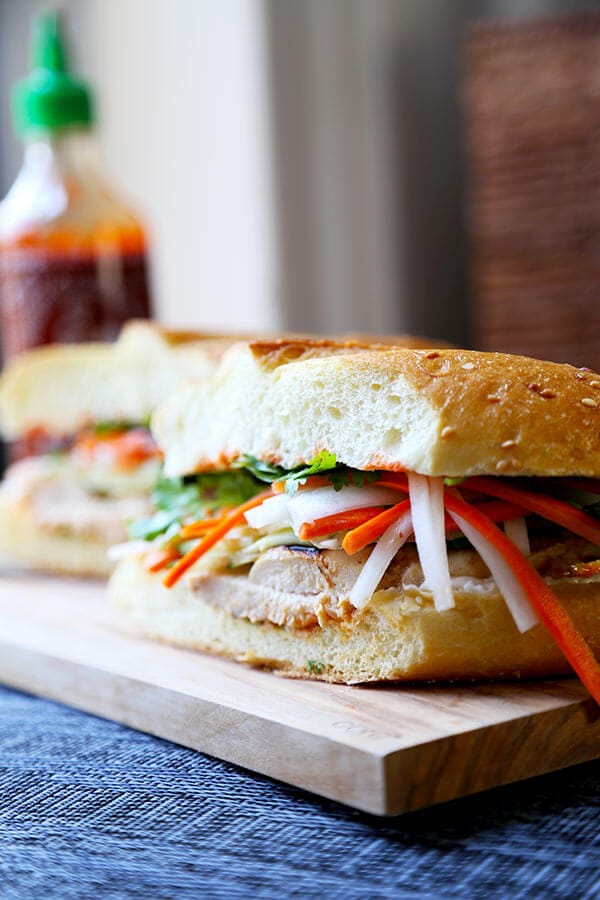 Chicken Banh Mi Sandwich Recipe - Making a Vietnamese Banh Mi Sandwich at home is easier you think! This quick Banh Mi recipe has authentic flavor and only takes 25 minutes to make. Recipe, sandwich, Vietnamese, lunch, chicken sandwich, healthy, dinner | pickledplum.com