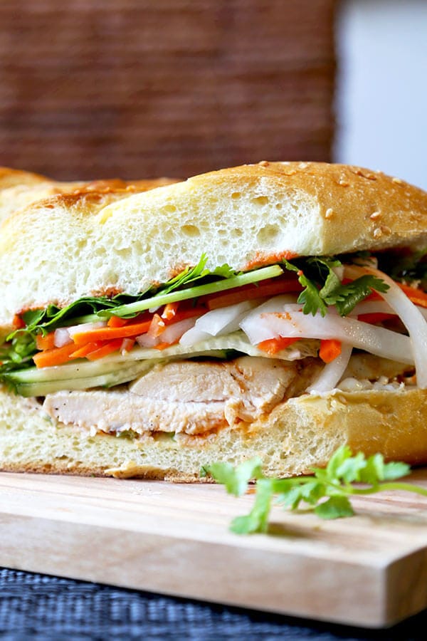 Chicken Banh Mi Sandwich Recipe - Making a Vietnamese Banh Mi Sandwich at home is easier you think! This quick Banh Mi recipe has authentic flavor and only takes 25 minutes to make. Recipe, sandwich, Vietnamese, lunch, chicken sandwich, healthy, dinner | pickledplum.com