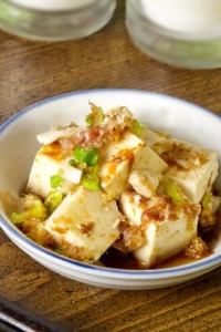 silken tofu with scallions and bonito flakes
