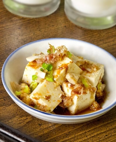 silken tofu with scallions and bonito flakes