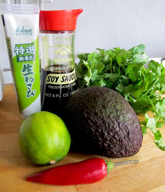 soy sauce, wasabi, lime, chili, avocado and cilantro