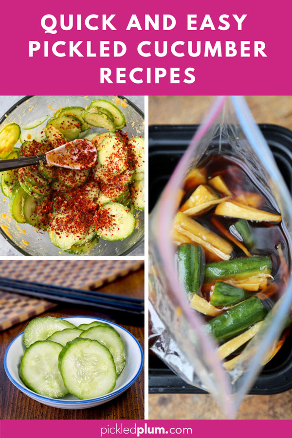 Pickled cucumbers are so versatile and delicious! They pair well with salads, sandwiches, mains and can be served as a side dish or a snack. And the best part? They only take 5-10 minutes to make and 30 minutes to marinate! Here are some of my favorite cucumber pickle recipes! #asian #vinegar #pickles #howtomake | pickledplum.com