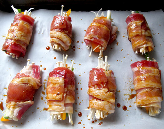 enoki bacon rolls on sheet tray