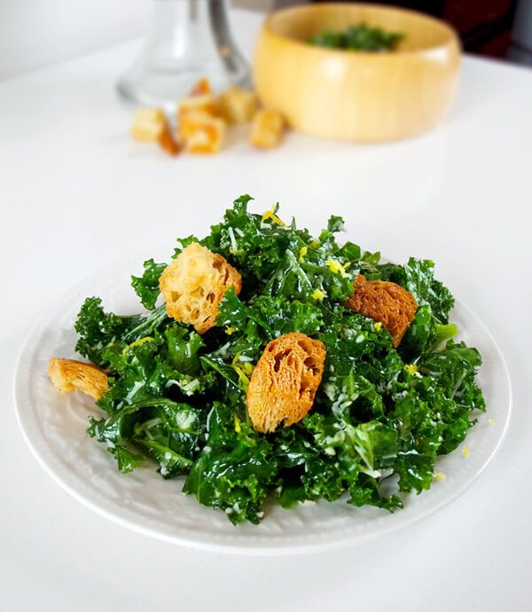 kale caesar salad with croutons