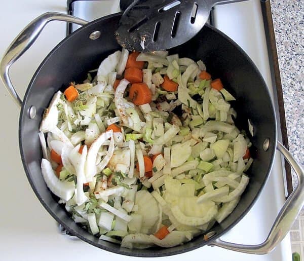 sliced fennel in stew pot