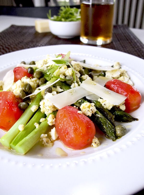 Topped with freshly shaved parmesan, a few capers and drizzle with olive oil and sherry vinegar.