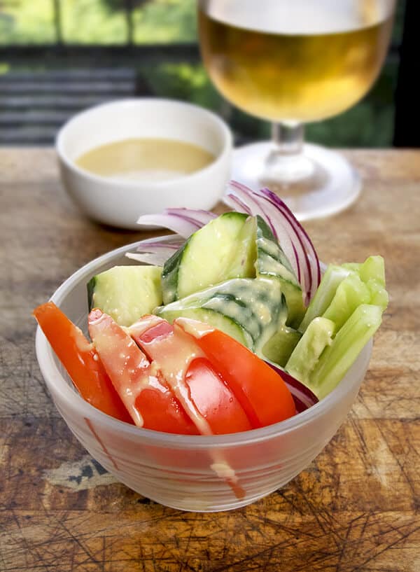 Vegetable salad with miso lemon dip