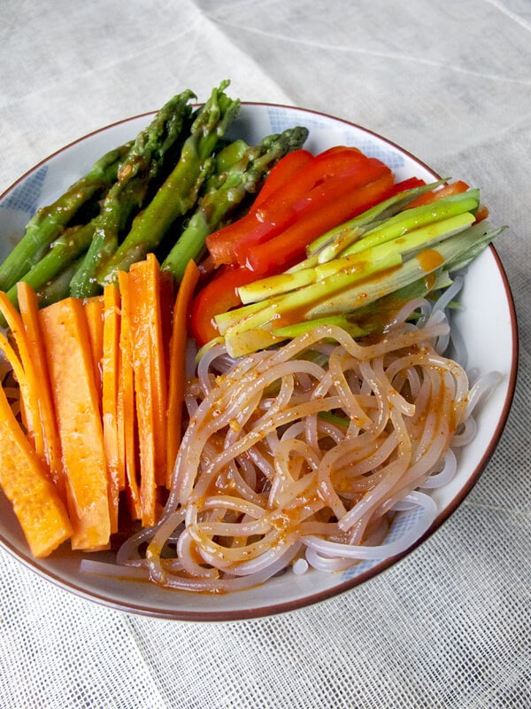 Spicy chilled Korean noodles with vegetables