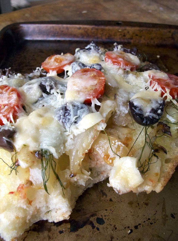 Fennel and black olive ciabatta pizza