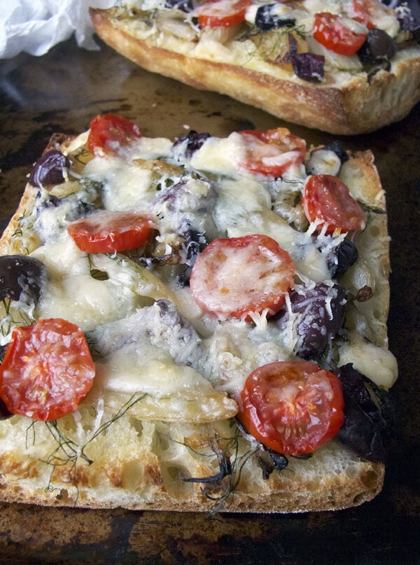 Fennel and black olive ciabatta pizza