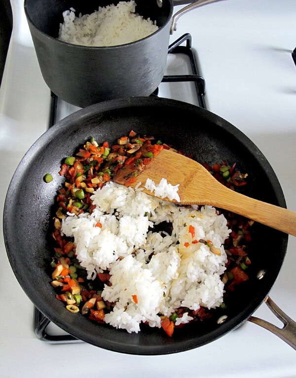 rice and veggies in pan