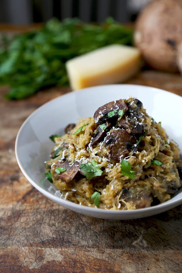 Oven Baked Spaghetti Squash with Mushrooms and Parmesan Cheese