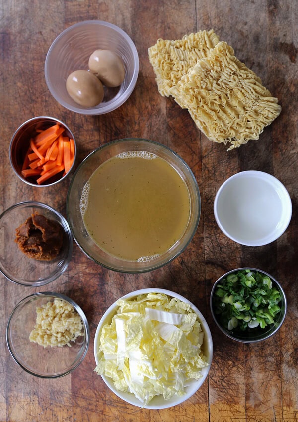 Homemade miso ramen ingredients - Learn how to make miso ramen by watching our quick video! Homemade ramen bowl has never tasted so good! #ramenrecipe #homemaderamen #misoramen #japanesefood | pickledplum.com