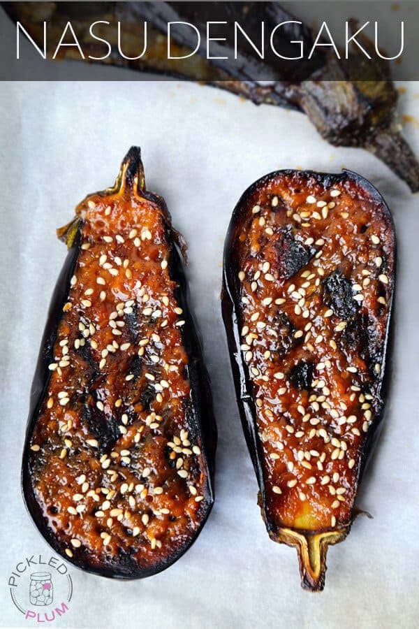 Nasu Dengaku - A traditional Japanese broiled eggplant recipe you will fall in love with! Tender eggplant brushed with a sweet miso glaze ready in 15 minutes. eggplant recipes, Japanese dinner recipes, healthy vegetarian recipes, miso recipes | pickledplum.com
