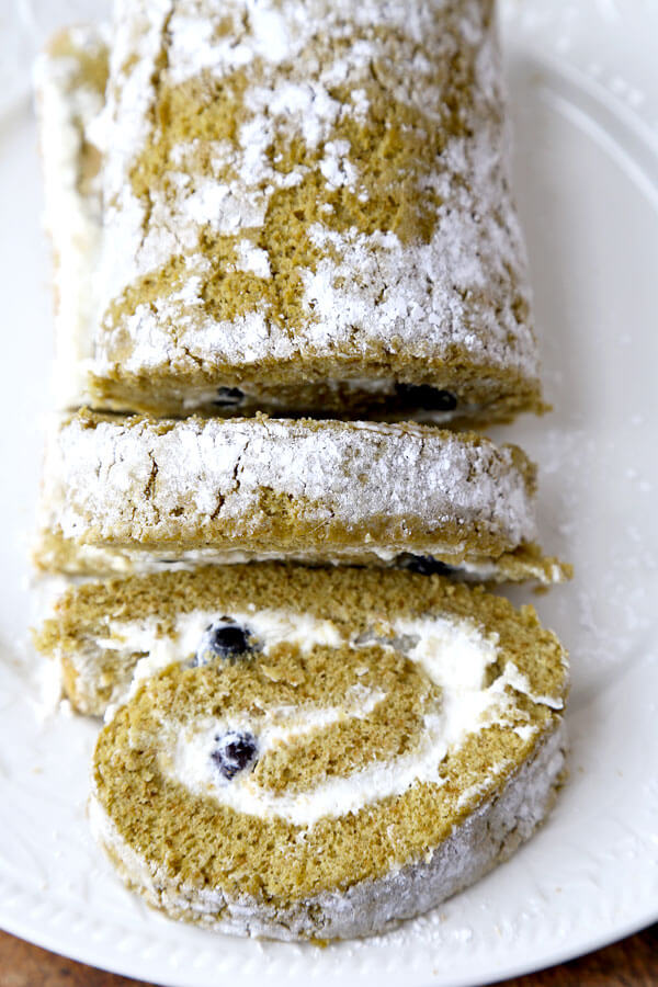 Matcha Roll Cake with Fresh Blueberries