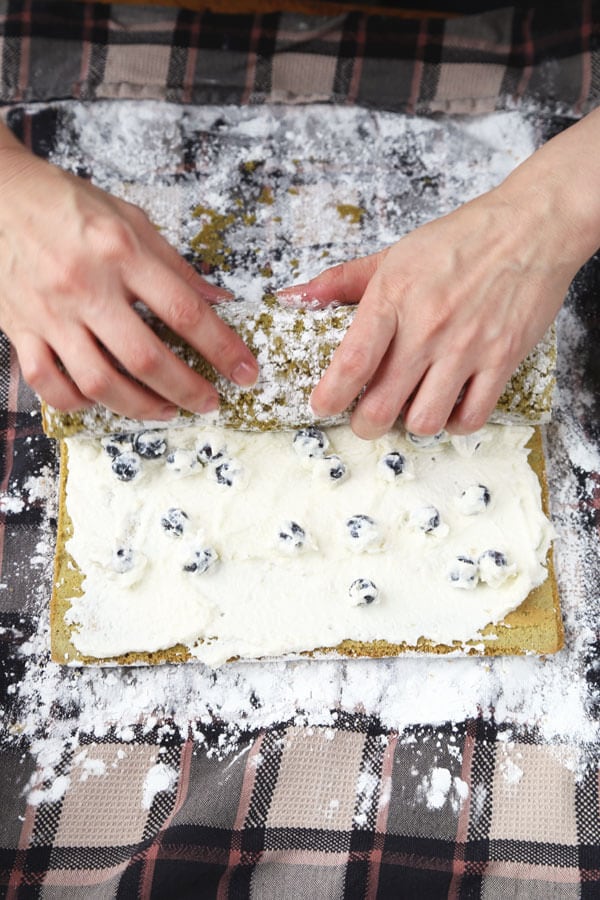 Matcha Roll Cake with Fresh Blueberries