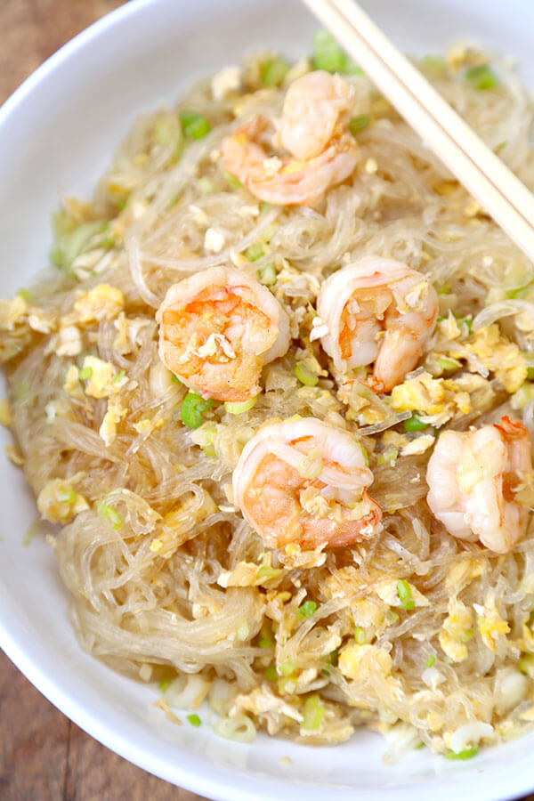 Asian style glass noodles with shrimp - ready in just 15 minutes from start to finish, this glass noodles stir fry recipe is easy and super healthy. It can also be vegan or served cold as a salad. Thai flavors that take me back to my days living in Bangkok. A favorite in our home! #stirfry #healthyeating #thairecipe #shrimp | pickledplum.com