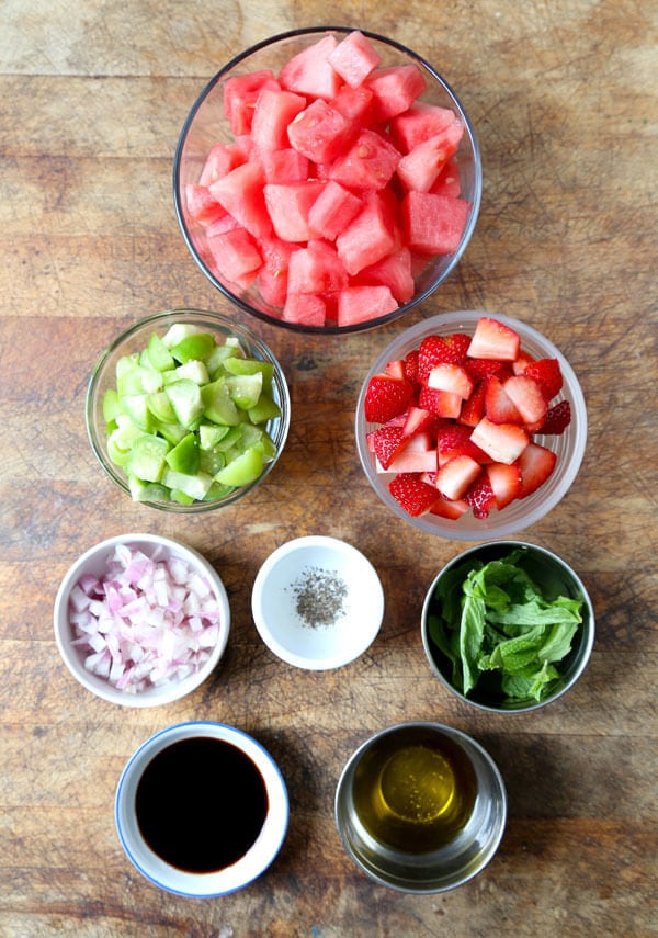 ingredients for strawberry, tomatillo and watermelon salad