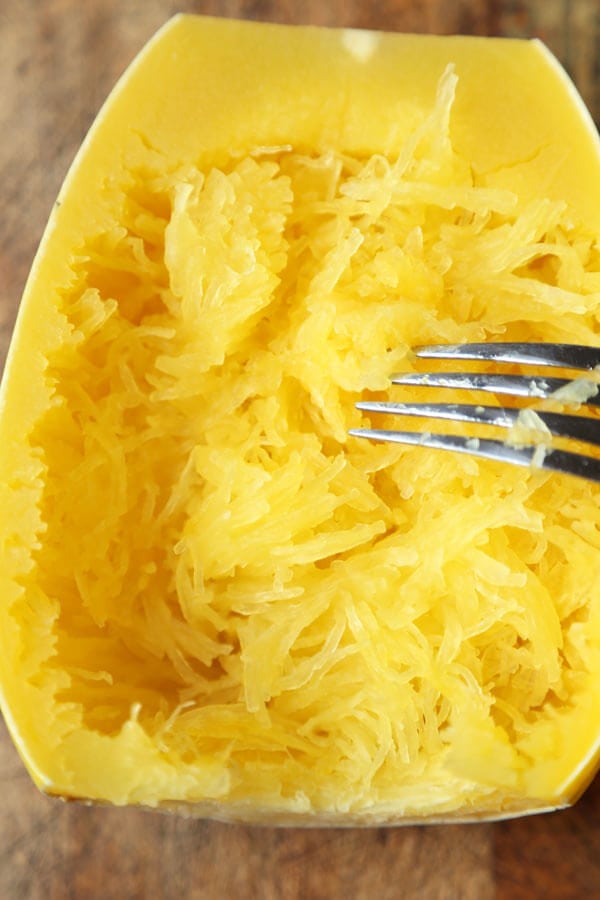 Healthy Spaghetti Squash Alfredo Recipe - low carb, easy and super tasty! I'm showing you how to cook spaghetti squash in the oven or microwave and toss it in a low fat, savory and creamy alfredo sauce. #spaghettisquash #healthyeating #healthyrecipes #sidedish | pickledplum.com 