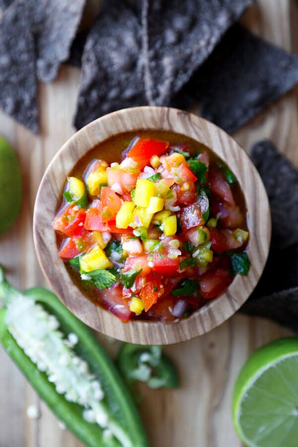 Easy, Healthy & Simple Fresh Salsa Recipe that's medium spicy, tangy and a little sweet. Ready in only 15 minutes & so much better than store-bought salsa!