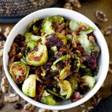 Oven roasted Brussels sprouts with bacon, cranberries and walnuts