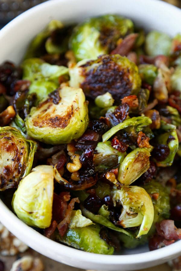 Oven roasted Brussels sprouts with bacon, cranberries and walnuts