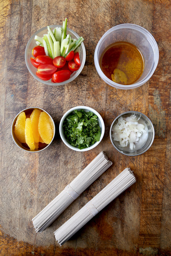 ingredients for buckwheat soba noodle salad