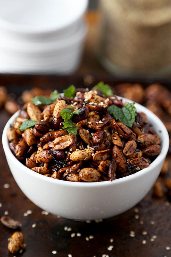 Sweet Vinegar Peanuts - Sticky, sweet vinegar peanuts make the most amazing party snack! Eat them warm or cold, these sweet and sour nuts are addictive and only take 15 minutes to make! We love these as a Super Bowl Snack! Easy, vegan | pickledplum.com