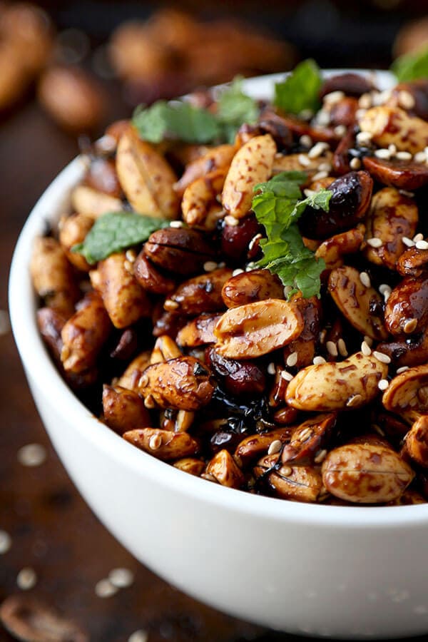 Sweet Vinegar Peanuts - Sticky, sweet vinegar peanuts make the most amazing party snack! Eat them warm or cold, these sweet and sour nuts are addictive and only take 15 minutes to make! We love these as a Super Bowl Snack! Easy, vegan | pickledplum.com