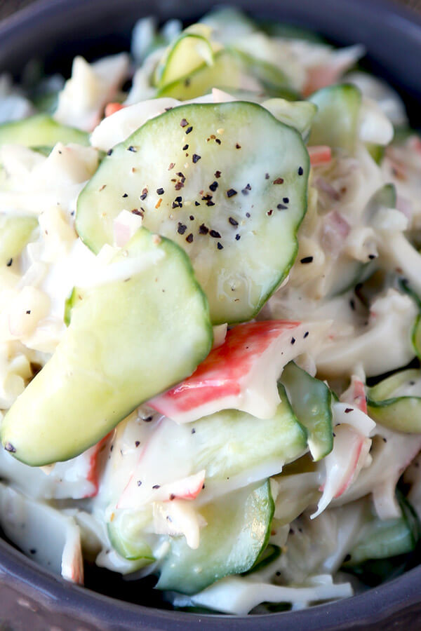 Kani Salad - This is a light and creamy kani salad with sweet and salty flavors your whole family will love - and only takes 10 minutes to make from start to finish! Easy, Salad, Healthy, Recipe. | pickledplum.com