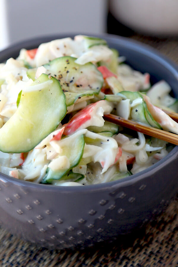 Japanese Kani Salad - This is a light and creamy crab salad with sweet and salty flavors your whole family will love - and only takes 10 minutes to make from start to finish! Easy, Salad, Healthy, Recipe. | pickledplum.com