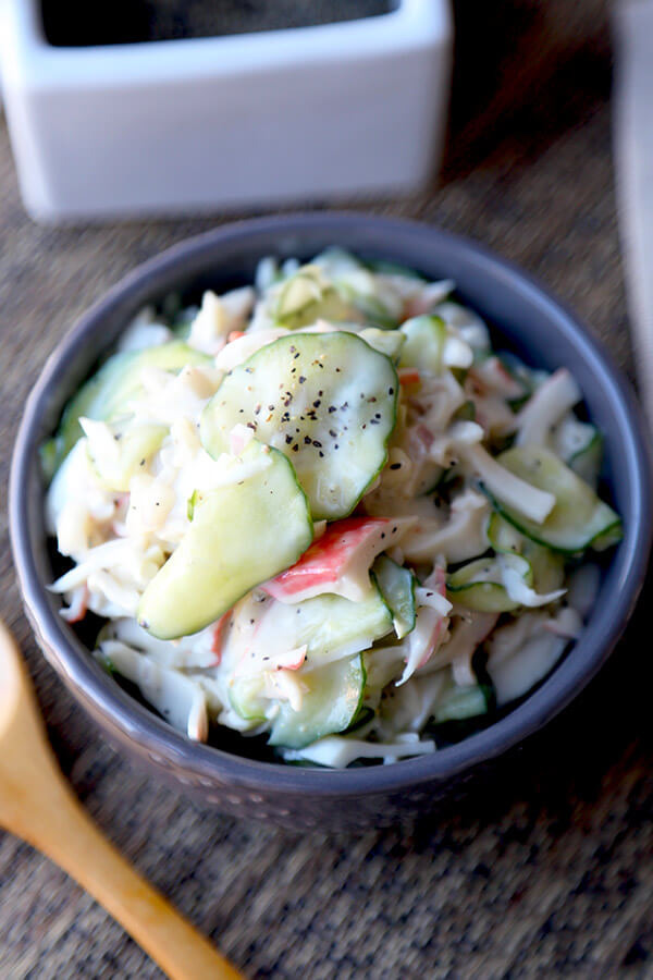Kani Salad - This is a light and creamy kani salad with sweet and salty flavors your whole family will love - and only takes 10 minutes to make from start to finish! Easy, Salad, Healthy, Recipe. | pickledplum.com