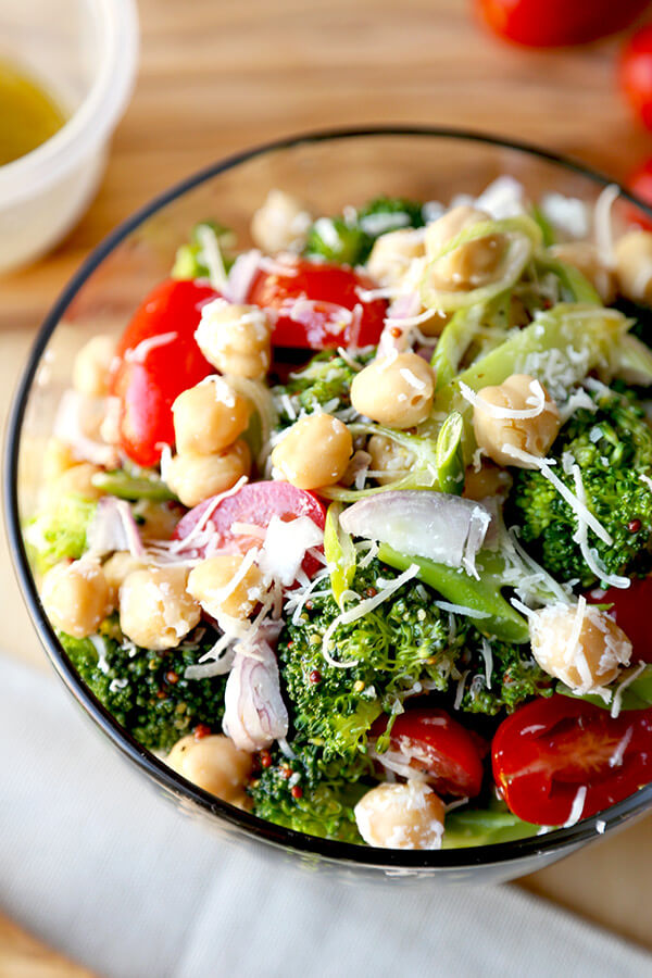 Warm Broccoli and Chickpea Salad - This is a simple and healthy warm broccoli and chickpea salad tossed in a grain mustard and red wine vinaigrette. It's the perfect Italian inspired dish to serve with pasta or pizza - and it only takes 15 minutes to make from start to finish! Healthy, Easy, Gluten Free, Recipe | pickledplum.com