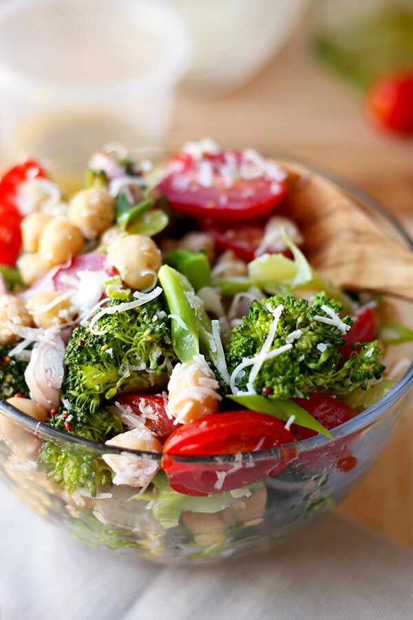 Warm Broccoli and Chickpea Salad - This is a simple and healthy warm broccoli and chickpea salad tossed in a grain mustard and red wine vinaigrette. It's the perfect Italian inspired dish to serve with pasta or pizza - and it only takes 15 minutes to make from start to finish! Healthy, Easy, Gluten Free, Recipe | pickledplum.com