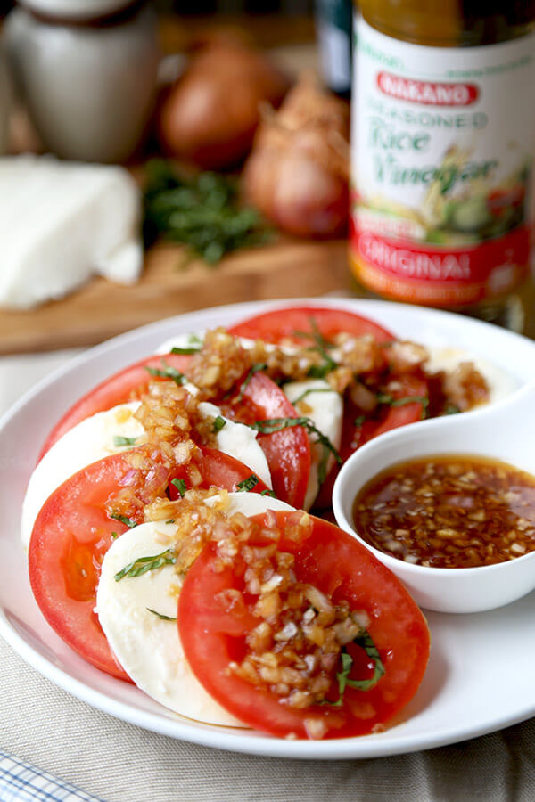 Japanese Caprese Salad - Celebrate warmer weather with this light and refreshing Japanese Caprese salad - ready in 15 minutes from start to finish! Light, Healthy, Easy, Salad, Gluten Free, Recipe | pickledplum.com