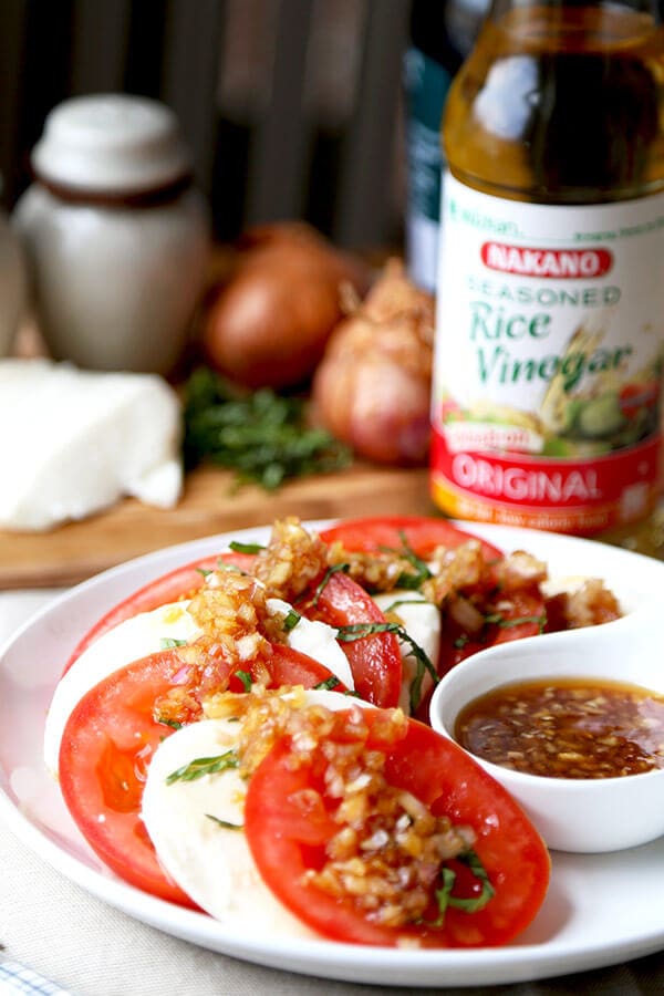 Japanese Caprese Salad - Celebrate warmer weather with this light and refreshing Japanese Caprese salad - ready in 15 minutes from start to finish! Light, Healthy, Easy, Salad, Gluten Free, Recipe | pickledplum.com