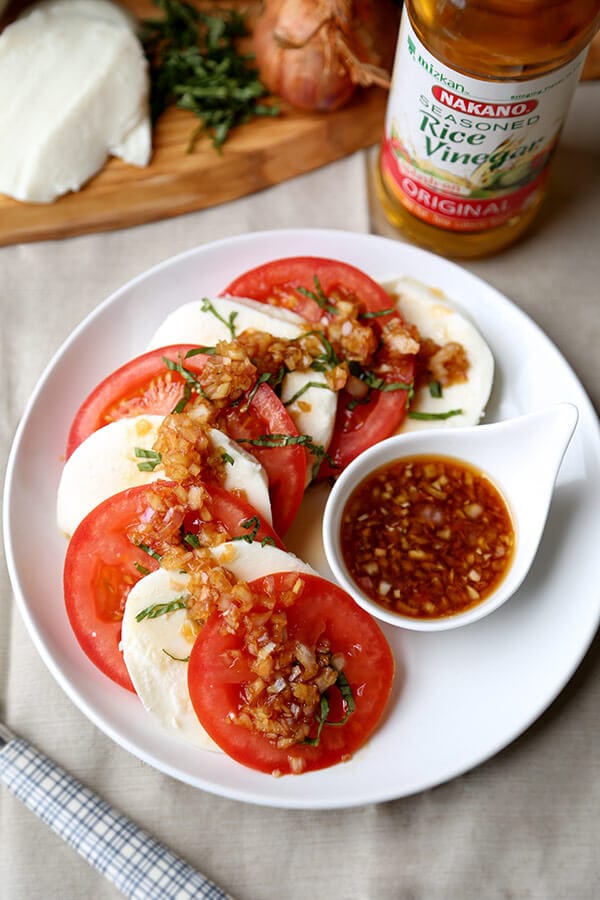 Japanese Caprese Salad - Celebrate warmer weather with this light and refreshing Japanese Caprese salad - ready in 15 minutes from start to finish! Light, Healthy, Easy, Salad, Gluten Free, Recipe | pickledplum.com