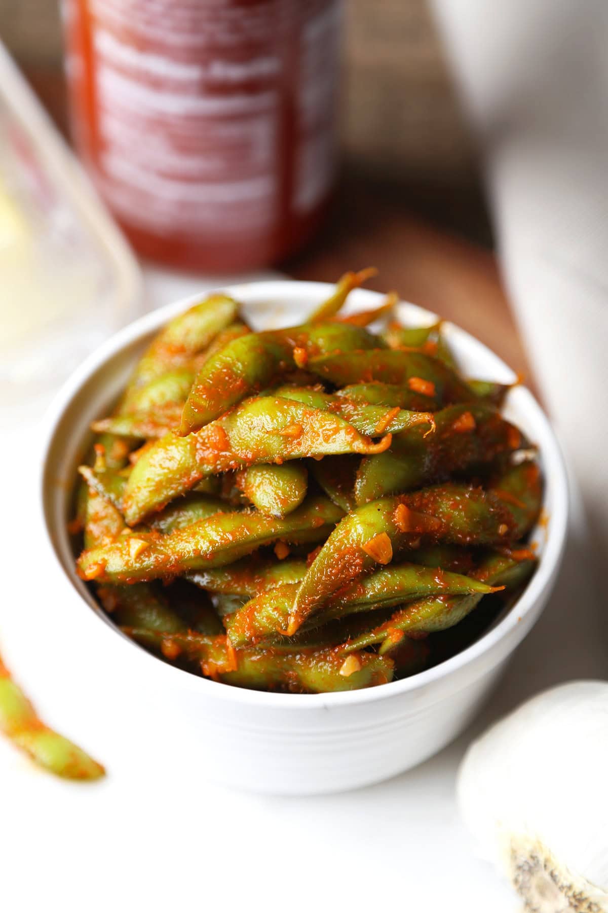 edamame beans with red sauce