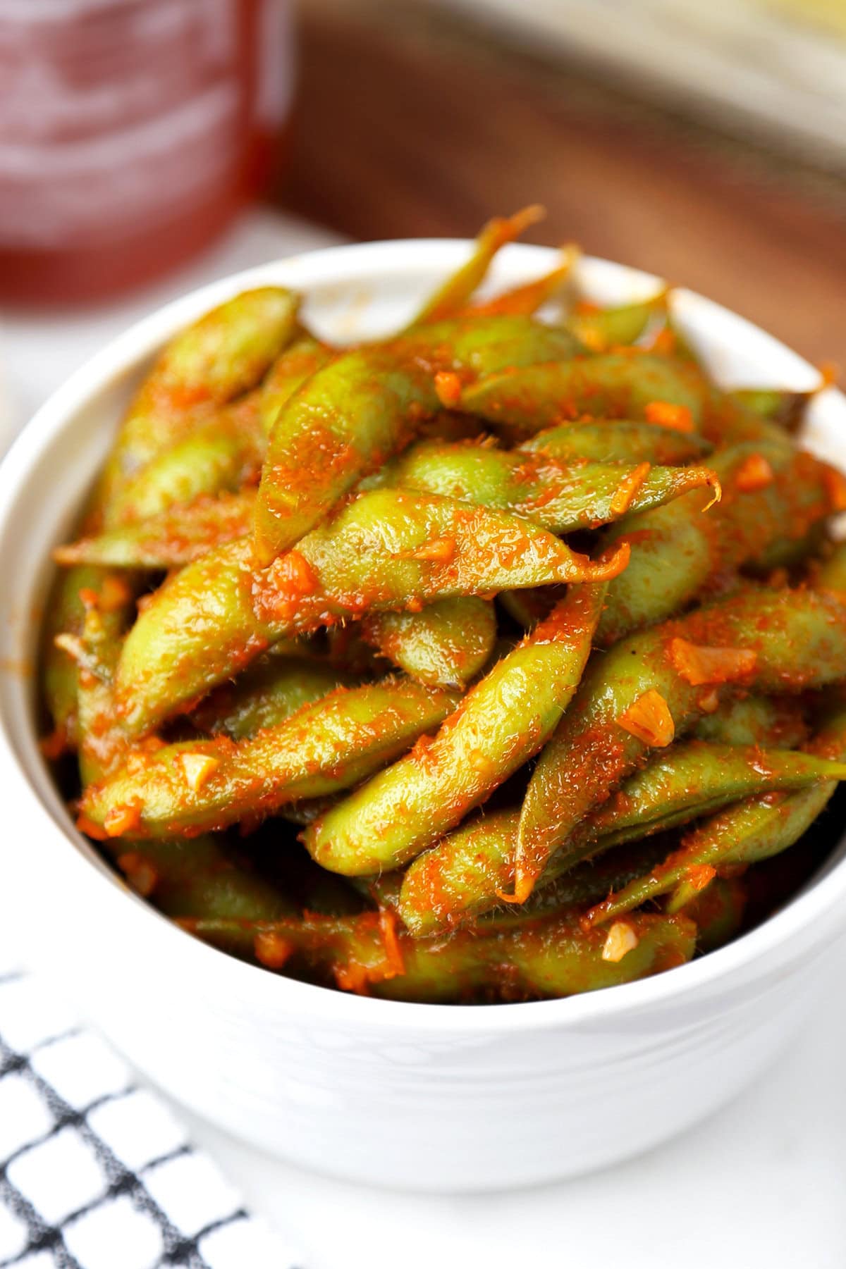 edamame with red sauce