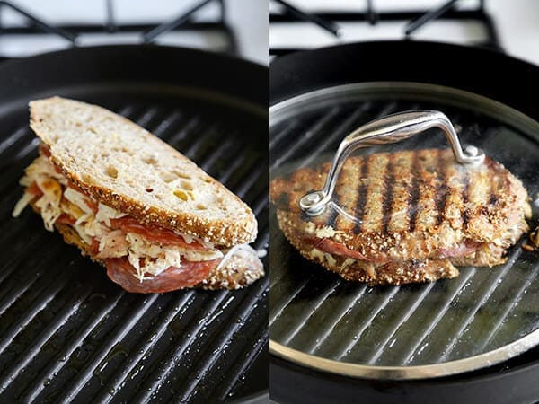 Chicken Cordon Bleu Sandwich - Gooey Gruyère, smoky salami and shredded chicken make this tasty sandwich a treat your family will love! Ready in 20 minutes from start to finish. Recipe, Easy, Sandwich, Snack, Grilled Cheese, Lunch | pickledplum.com