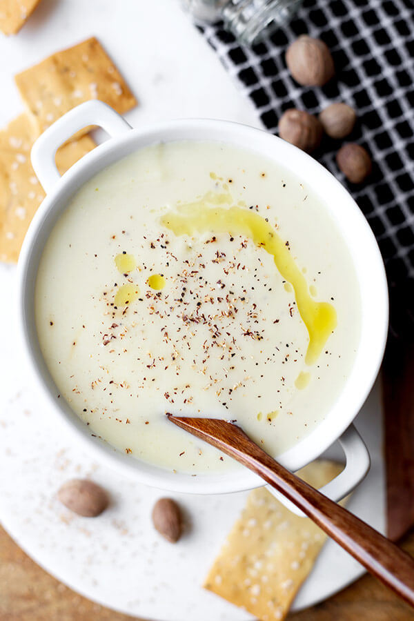Healthier Cream Of Cauliflower Soup - An easy and Healthier Cream of Cauliflower Soup that tastes decadent, savory and naturally sweet. This delicious recipe won’t weigh you down! Recipe, Appetizer, Healthy, Gluten Free, Soup | pickledplum.com