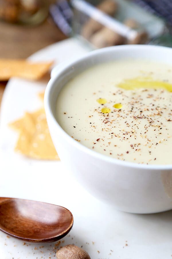 Healthier Cream Of Cauliflower Soup - An easy and Healthier Cream of Cauliflower Soup that tastes decadent, savory and naturally sweet. This delicious recipe won’t weigh you down! Recipe, Appetizer, Healthy, Gluten Free, Soup | pickledplum.com