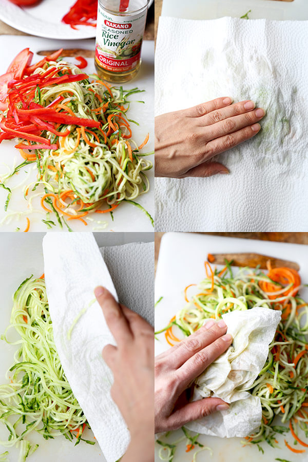 Cold Ramen Zoodles - This is a noodle-free take on the classic Japanese hiyashi chuka dish. Light and low in calories, these chilled cold ramen zoodles made with zucchini, carrots and cucumber, are tangy, cleansing and incredibly refreshing! Recipe, healthy, salad, easy, spiralized, zoodles | pickledplum.com