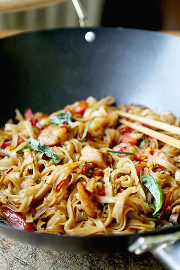 Drunken Noodles - A fiery and fragrant Drunken Noodles Recipe that tastes like proper Bangkok street-food! This simple Thai Pad Kee Mao is ready in 16 minutes from start to finish. Recipe, noodles, Thai, stir fry, dinner, lunch, quick | pickledplum.com