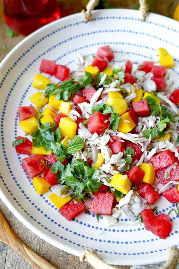 Mango And Watermelon Chicken Salad - This summery and bright Mango and Watermelon Chicken Salad Recipe mixes the best of in-season fruit with the deep, soulful flavors of Thailand! Ready in 30 minutes. Recipe, chicken, salad, healthy, side, appetizer, Thai food | pickledplum.com