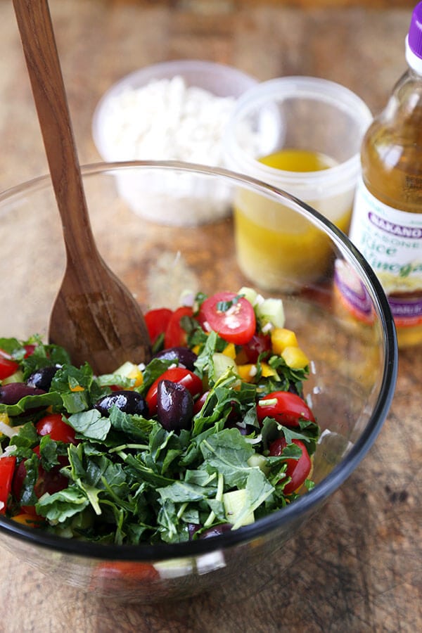 Greek Pasta Salad - This is a light, refreshing and tangy Greek pasta salad recipe packed with veggies for a wholesome meal! Ready in 25 minutes from start to finish. Recipe, salad, side, main, healthy, easy | pickledplum.com