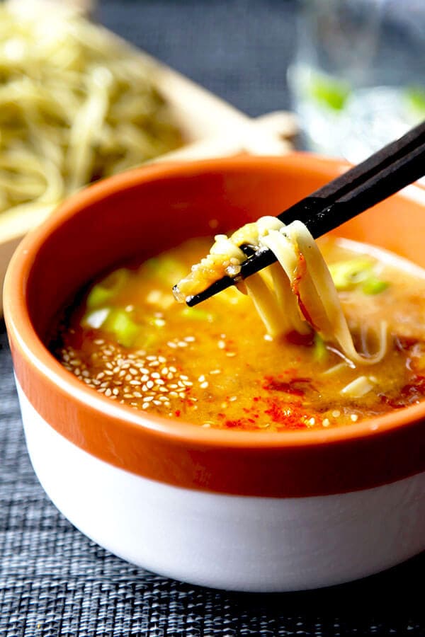 Spicy Miso Tsukemen - A cooling and summer-perfect Tsukemen Recipe served with a deeply flavored spicy miso broth. These Japanese dipping noodles are ready in 22 minutes! Recipe, Japanese, noodles, flavor, main, dinner | pickledplum.com