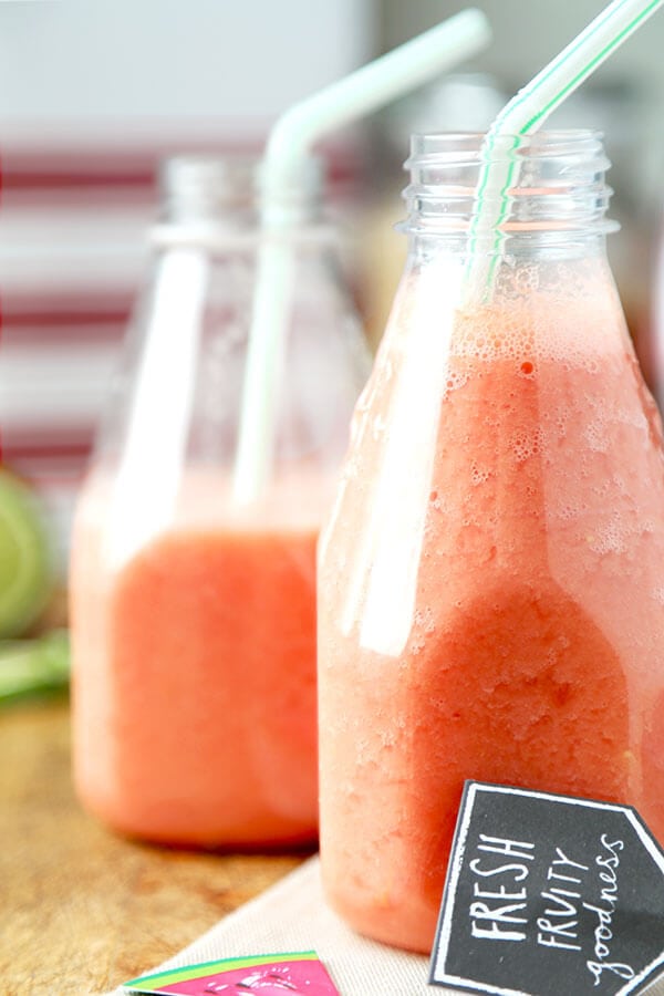 Watermelon Smoothie - This watermelon smoothie is the perfect drink to cool you down! Sweet, tart and refreshing, it's the yummiest drink you'll have this summer! Ready in 5 minutes. Recipe, drinks, healthy, gluten free, shake, smoothie, fruit juice | pickledplum.com